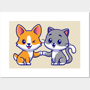 Cute Cat and Corgi Dog Cartoon Posters and Art